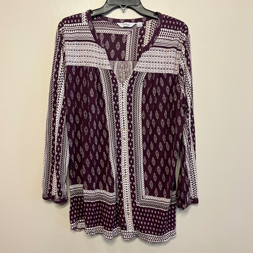 Great Northwest Indigo Purple White Geometric Print Linen Blend Tunic Top XL